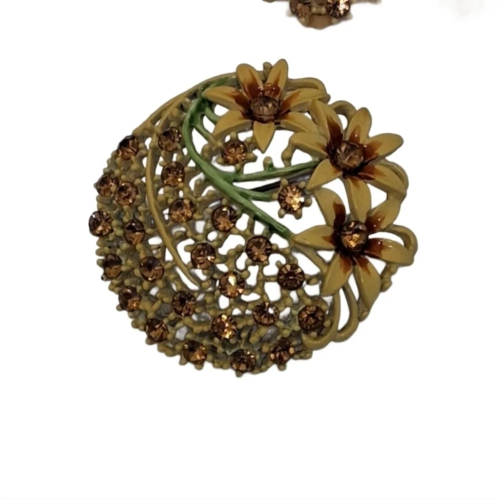 Vintage Enamel Floral Brooch & Clip Earrings Set | Mid-Century Amber Rhinestone
